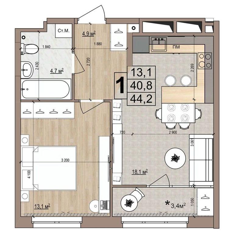 Apartment Sale, 44.2 sq. m. at Grand Komfort, Gudkova Street, Zhukovsky, Moscow Region, Russia #1