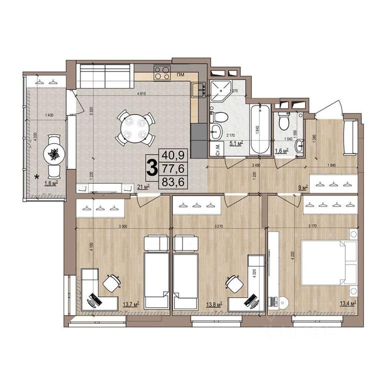 2-BD Apartment Sale, 83.6 sq. m. at Grand Komfort, Gudkova Street, Zhukovsky, Moscow Region, Russia #1