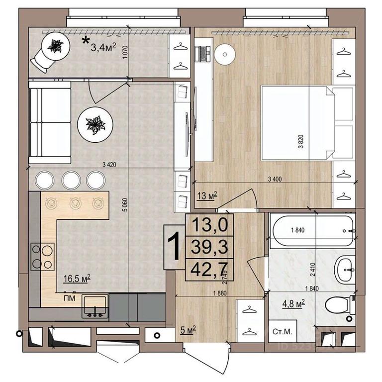 Apartment Sale, 42.7平方米 at Grand Komfort, Gudkova Street, Zhukovsky, Moscow Region, Russia #1