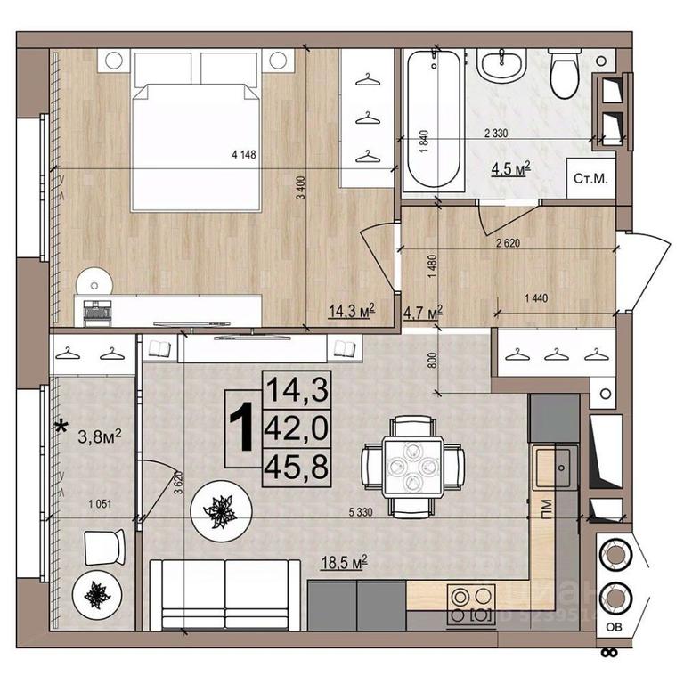 Apartment Sale, 45.8平方米 at Grand Komfort, Gudkova Street, Zhukovsky, Moscow Region, Russia #1