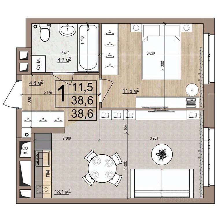 Apartment Sale, 38.6 sq. m. at Grand Komfort, Gudkova Street, Zhukovsky, Moscow Region, Russia #1