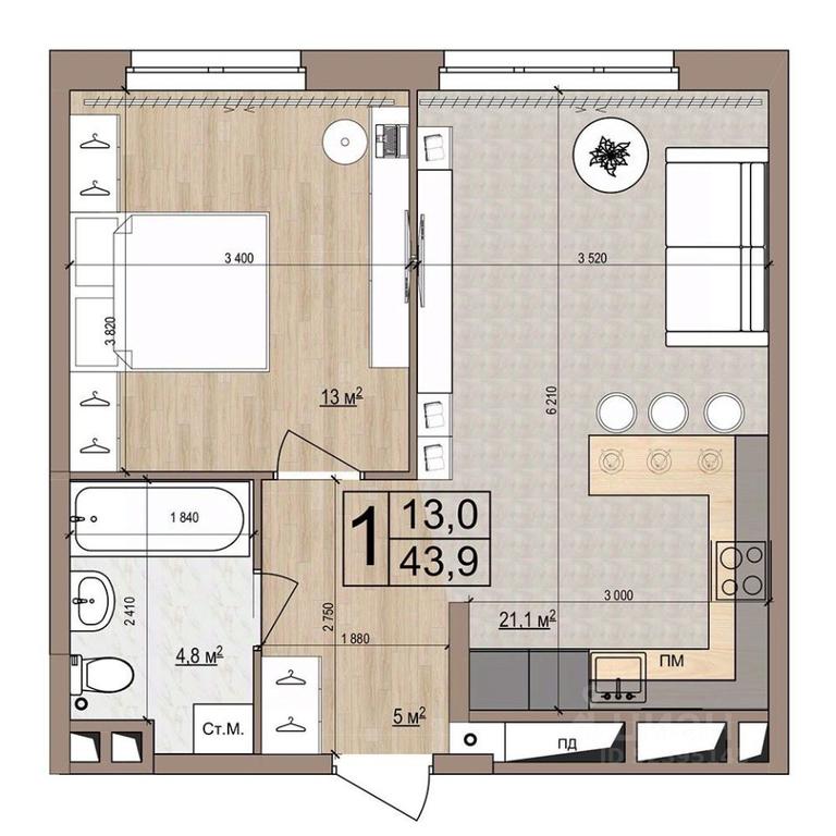 Apartment Sale, 43.9平方米 at Grand Komfort, Gudkova Street, Zhukovsky, Moscow Region, Russia #1