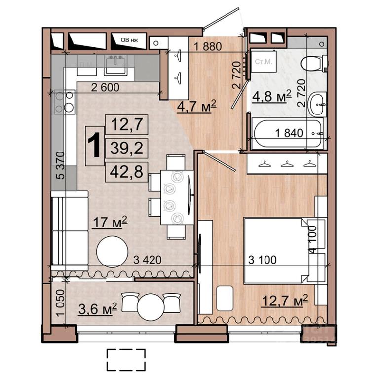 Apartment Sale, 42.8 sq. m. at Grand Komfort, Gudkova Street, Zhukovsky, Moscow Region, Russia #1