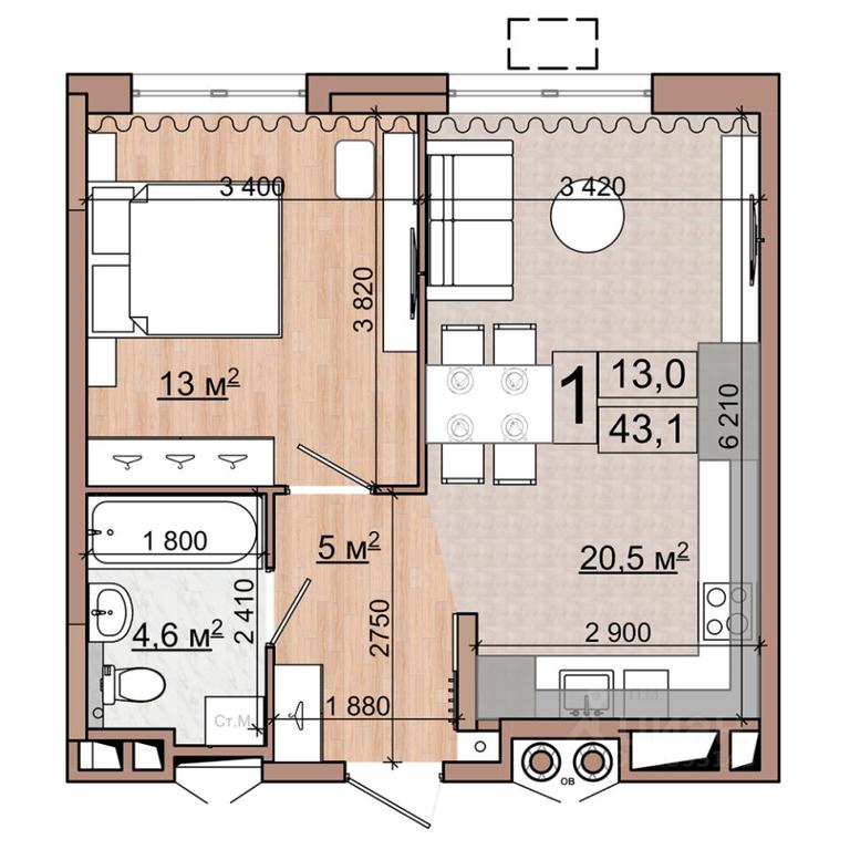 Apartment Sale, 43.1 sq. m. at Grand Komfort, Gudkova Street, Zhukovsky, Moscow Region, Russia #1