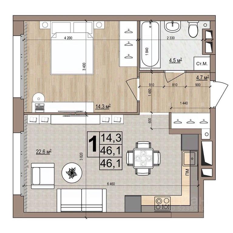 Apartment Sale, 46.1 sq. m. at Grand Komfort, Gudkova Street, Zhukovsky, Moscow Region, Russia #1
