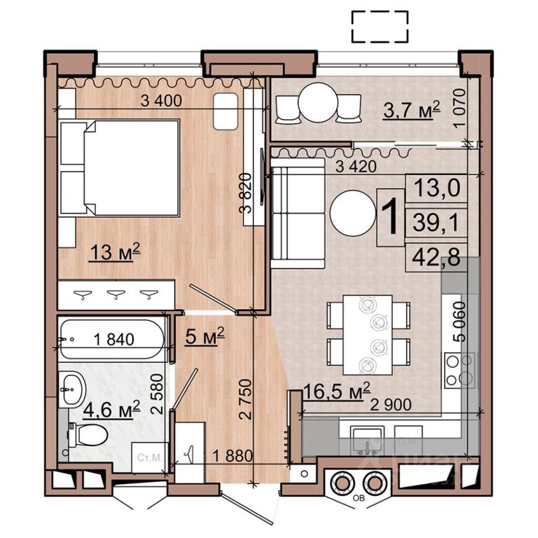 Apartment Sale, 42.8 sq. m. at Grand Komfort, Gudkova Street, Zhukovsky, Moscow Region, Russia #1