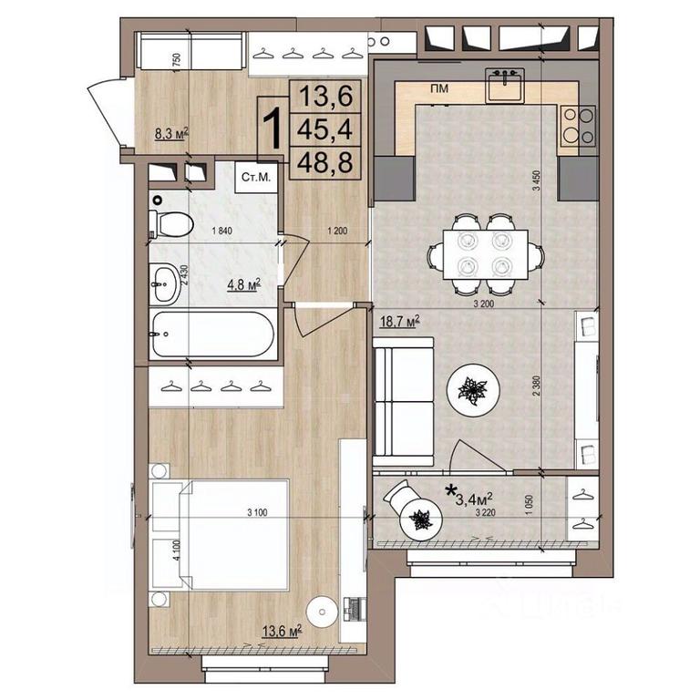 Apartment Sale, 48.8平方米 at Grand Komfort, Gudkova Street, Zhukovsky, Moscow Region, Russia #1