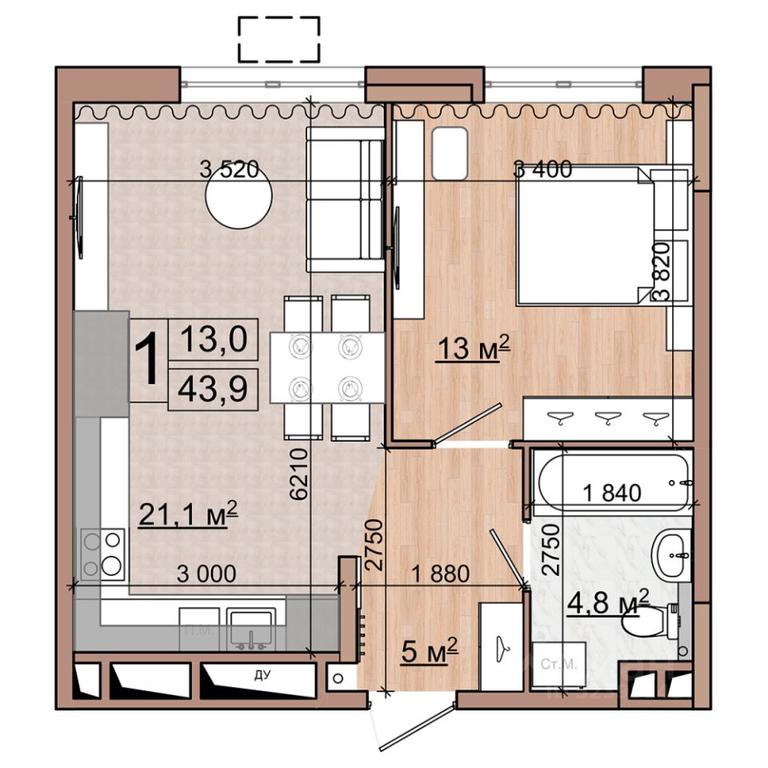 Apartment Sale, 43.9平方米 at Grand Komfort, Gudkova Street, Zhukovsky, Moscow Region, Russia #1