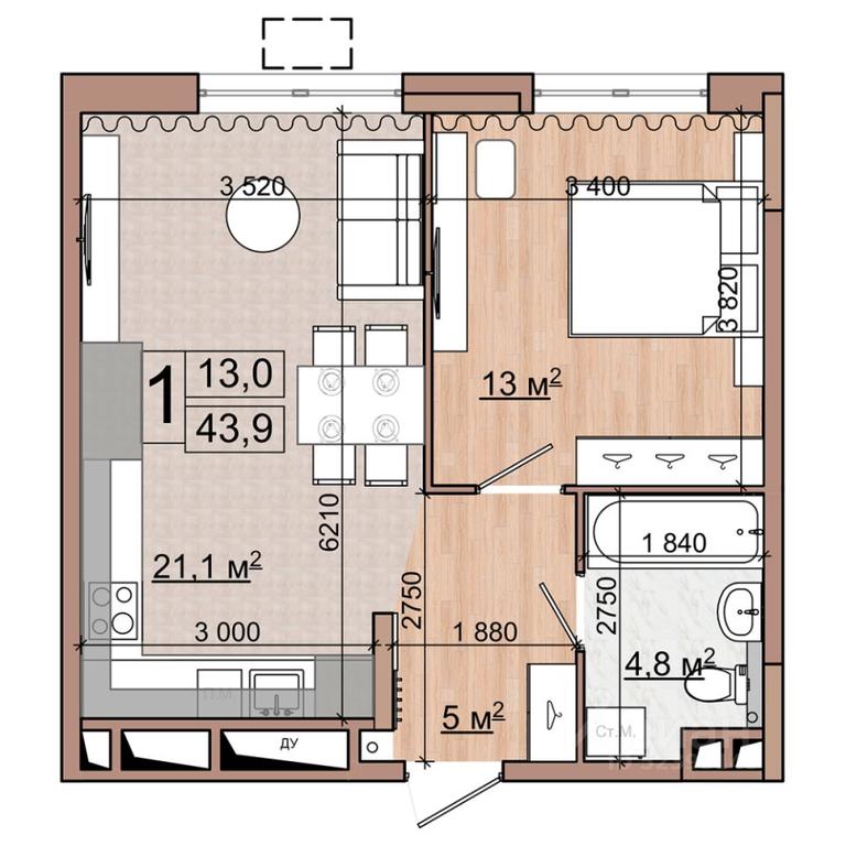 Apartment Sale, 43.9 sq. m. at Grand Komfort, Gudkova Street, Zhukovsky, Moscow Region, Russia #1
