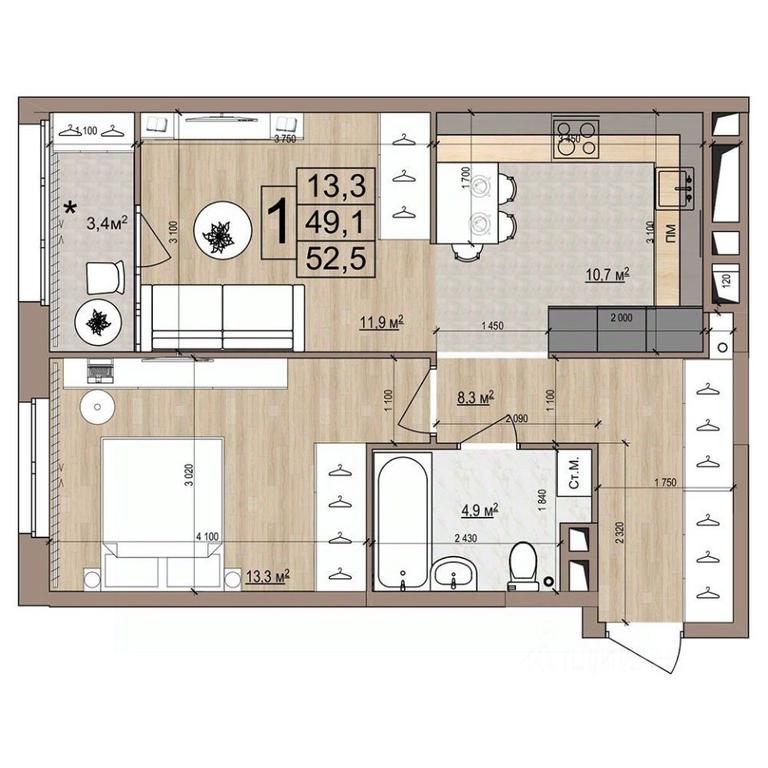 Apartment Sale, 52.5平方米 at Grand Komfort, Gudkova Street, Zhukovsky, Moscow Region, Russia #1