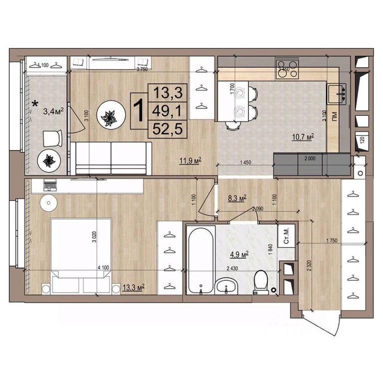 Apartment Sale, 52.5平方米 at Grand Komfort, Gudkova Street, Zhukovsky, Moscow Region, Russia #1