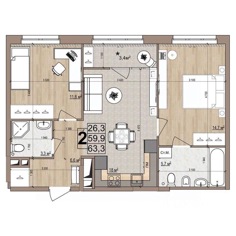1-BD Apartment Sale, 63.3平方米 at Grand Komfort, Gudkova Street, Zhukovsky, Moscow Region, Russia #1 1-BD Apartment Sale, 63.3平方米 at Grand Komfort, Gudkova Street, Zhukovsky, Moscow Region, Russia #1