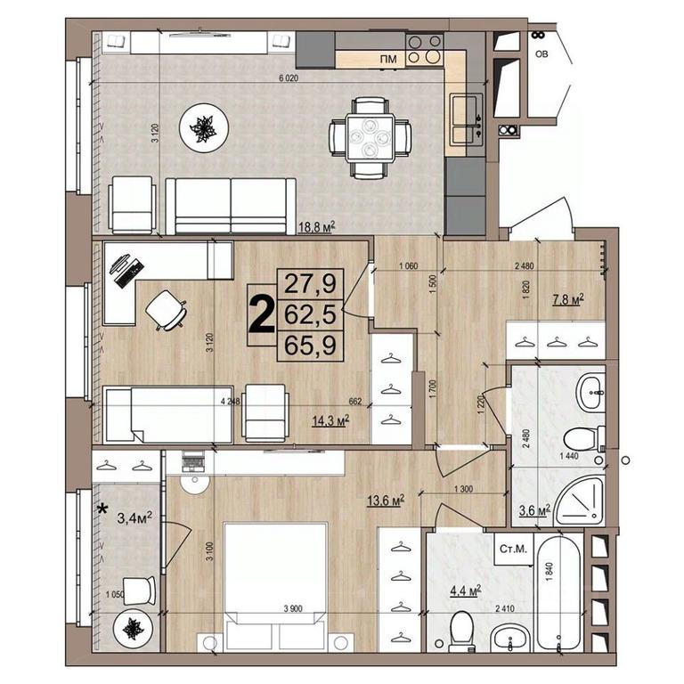 1-BD Apartment Sale, 65.9平方米 at Grand Komfort, Gudkova Street, Zhukovsky, Moscow Region, Russia #1