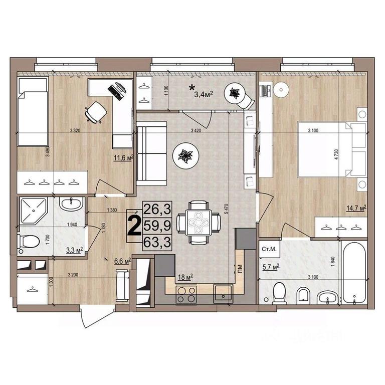 1-BD Apartment Sale, 63.3平方米 at Grand Komfort, Gudkova Street, Zhukovsky, Moscow Region, Russia #1 1-BD Apartment Sale, 63.3平方米 at Grand Komfort, Gudkova Street, Zhukovsky, Moscow Region, Russia #1