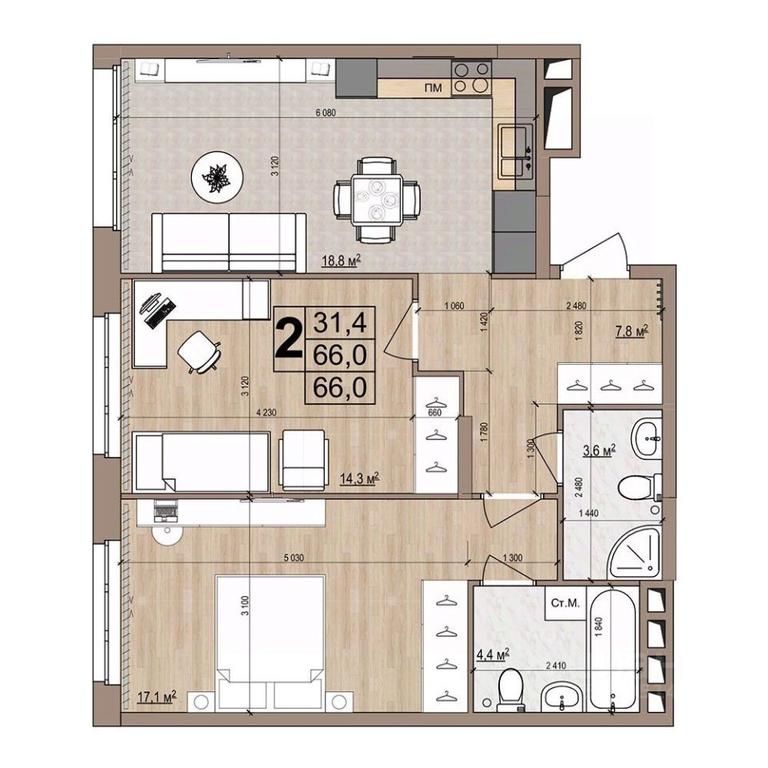 1-BD Apartment Sale, 66 sq. m. at Grand Komfort, Gudkova Street, Zhukovsky, Moscow Region, Russia #1