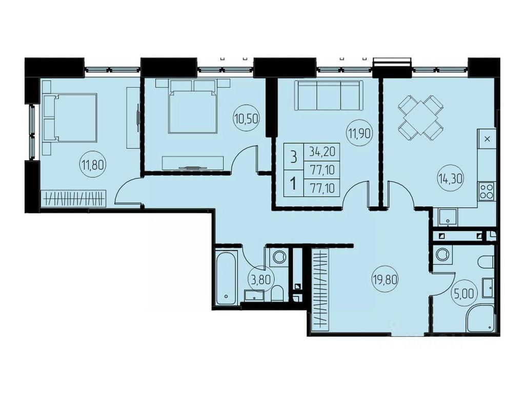 2-BD Apartment Sale, 77.1平方米 at 7 nebo, Pisarevskaya ulitsa, Pushkino, Moscow Region, Russia #1