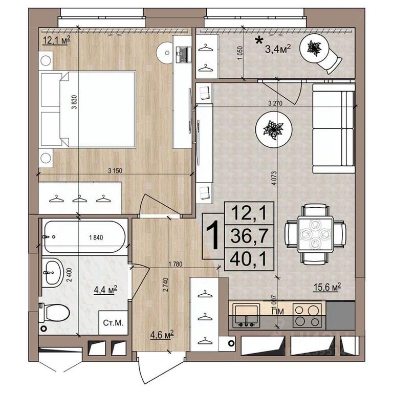 Apartment Sale, 40.1平方米 at Grand Komfort, Gudkova Street, Zhukovsky, Moscow Region, Russia #1