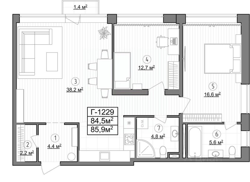 1-BD Apartment Sale, 85.9平方米 at Kompleks apartamentov LES (Les), Novoyasenevskiy Avenue, 3В, Moscow, Russia #1 1-BD Apartment Sale, 85.9平方米 at Kompleks apartamentov LES (Les), Novoyasenevskiy Avenue, 3В, Moscow, Russia #1