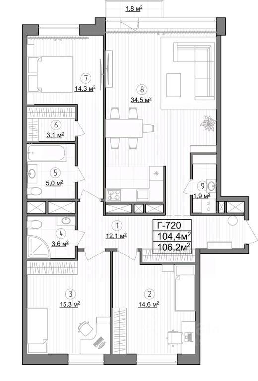 2-BD Apartment Sale, 106.52平方米 at Kompleks apartamentov LES (Les), Novoyasenevskiy Avenue, 3В, Moscow, Russia #1