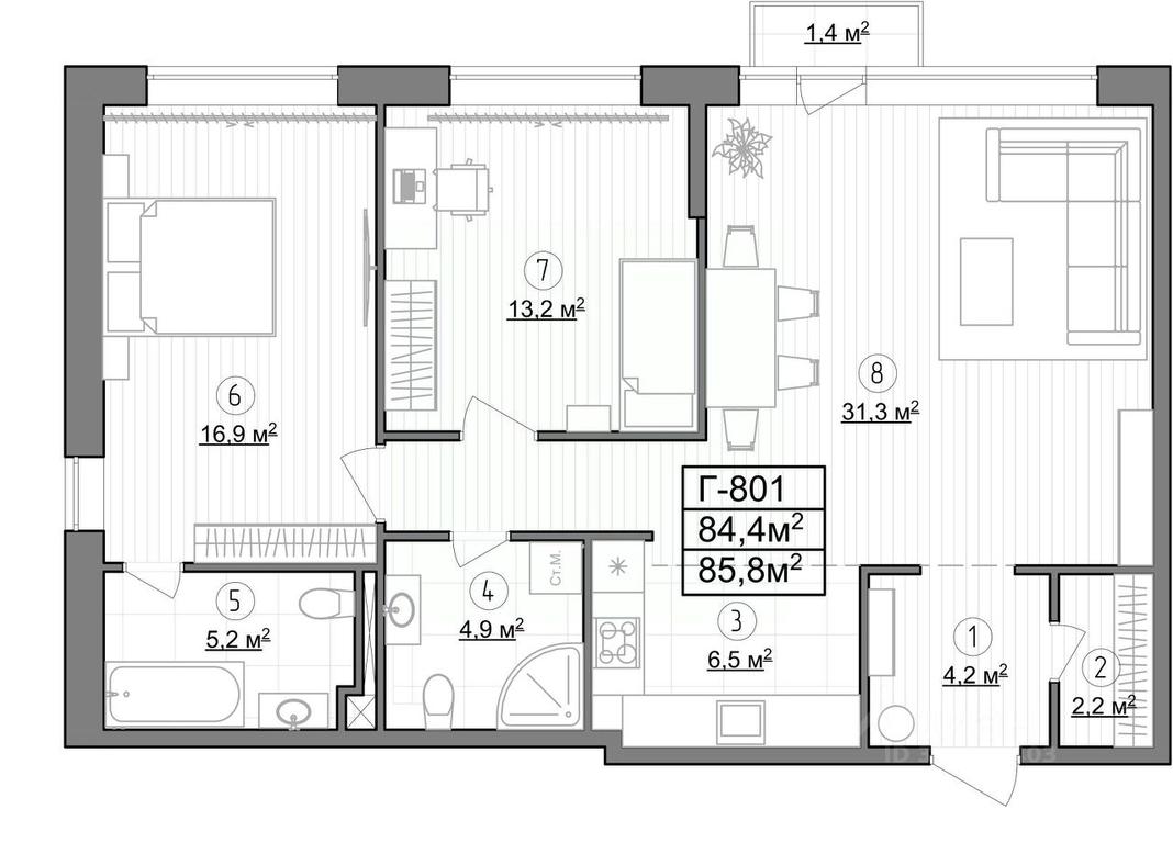 2-BD Apartment Sale, 85.8平方米 at Kompleks apartamentov LES (Les), Novoyasenevskiy Avenue, 3В, Moscow, Russia #1