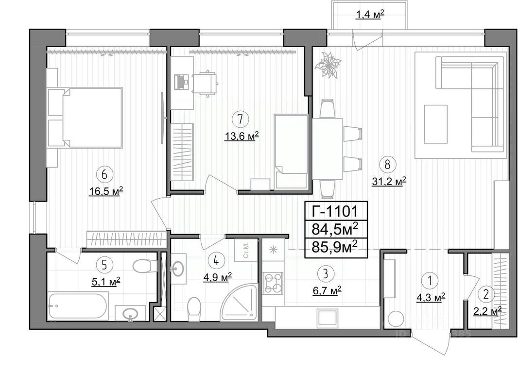 2-BD Apartment Sale, 85.9 sq. m. at Kompleks apartamentov LES (Les), Novoyasenevskiy Avenue, 3В, Moscow, Russia #1