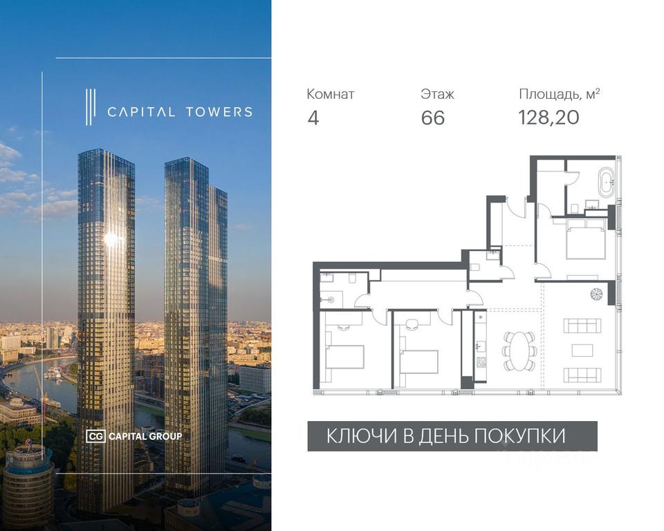 3-BD Apartment Sale, 128.2 sq. m. at Capital Towers (Kapital Tauers), Krasnopresnenskaya Embankment, 14соор1, Moscow, Russia #1