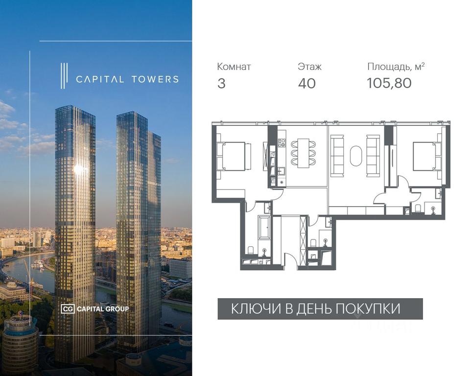 2-BD Apartment Sale, 105.8 sq. m. at Capital Towers (Kapital Tauers), Krasnopresnenskaya Embankment, 14соор1, Moscow, Russia #1