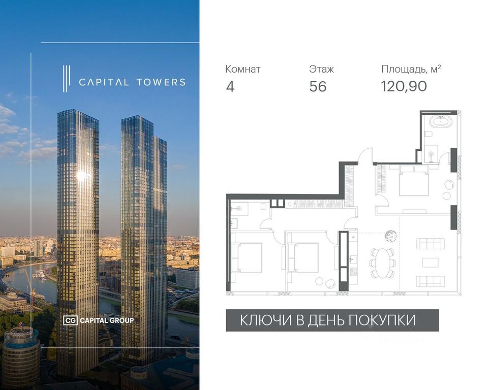 3-BD Apartment Sale, 120.9 sq. m. at Capital Towers (Kapital Tauers), Krasnopresnenskaya Embankment, 14соор1, Moscow, Russia #1