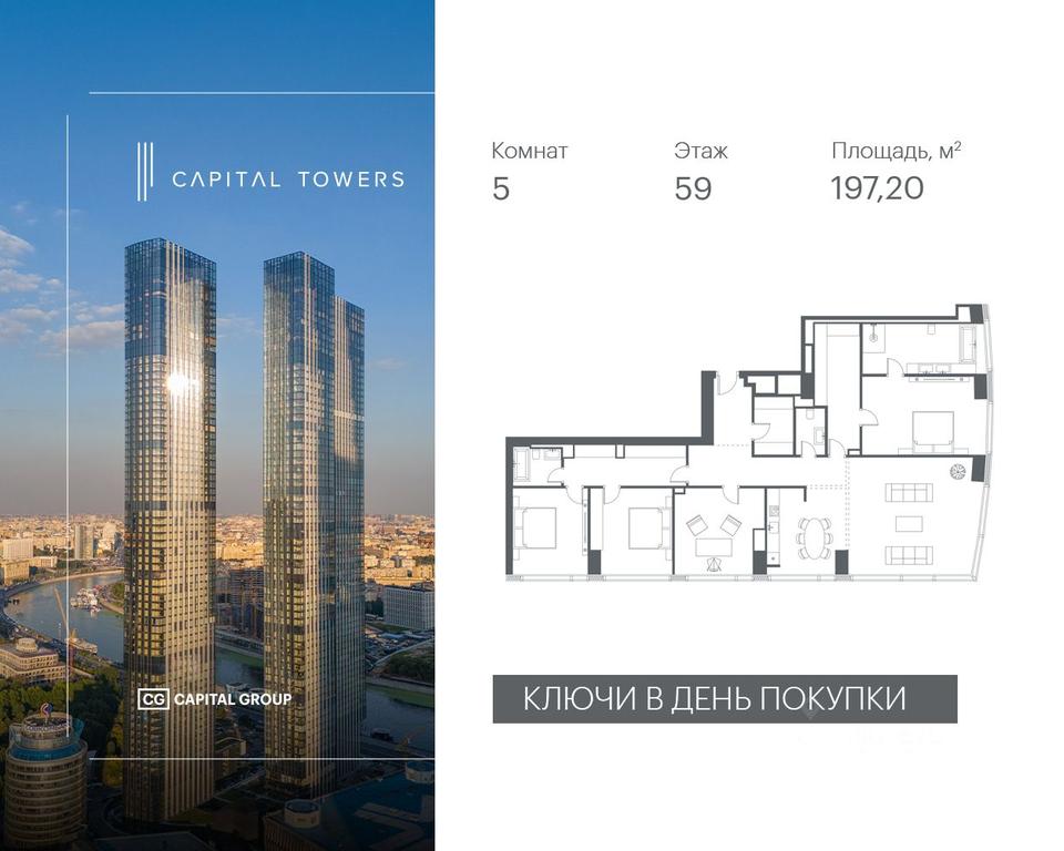 4-BD Apartment Sale, 197.2 sq. m. at Capital Towers (Kapital Tauers), Krasnopresnenskaya Embankment, 14соор1, Moscow, Russia #1