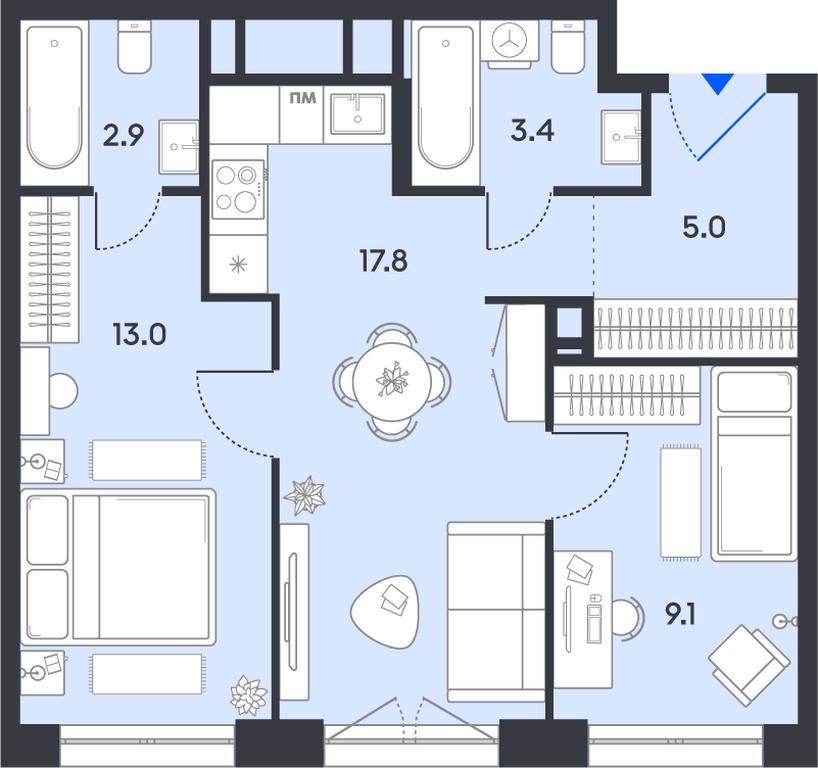 2-BD Apartment Sale, 51.2平方米 at balance, Ryazansky Avenue, Moscow, Russia #1