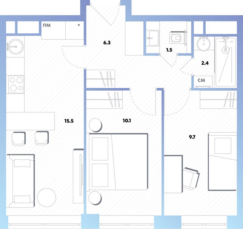 2-BD Apartment Sale, 45.5平方米 at balance, Ryazansky Avenue, Moscow, Russia #1