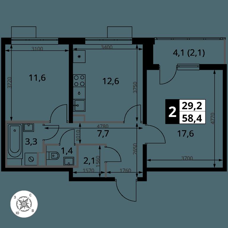 2-BD Apartment Sale, 58.4 sq. m. at Yzhnaya Bitsa, Yuzhnaya Bitsa Residential Complex, posyolok Bittsa, Leninskiy City District, Moscow Region, Russia #1