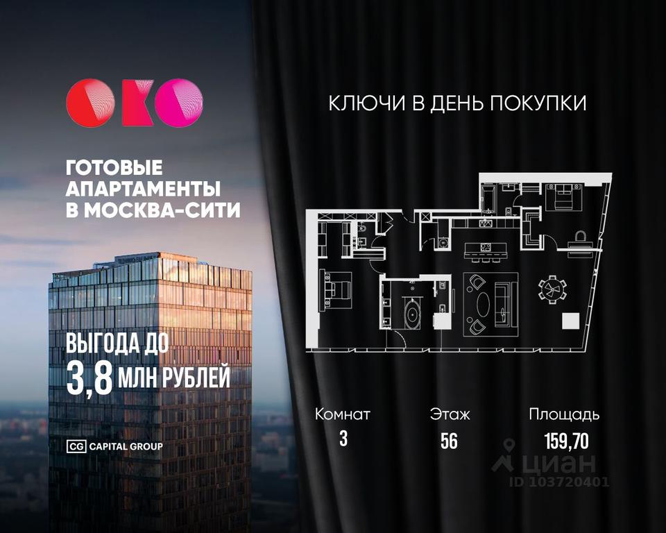 2-BD Apartment Sale, 159.7 sq. m. at MFK OKO, 1st Krasnogvardeysky Drive, 21с2, Moscow, Russia #1