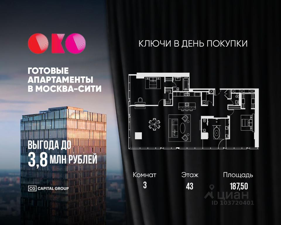 2-BD Apartment Sale, 187.5 sq. m. at MFK OKO, 1st Krasnogvardeysky Drive, 21с2, Moscow, Russia #1