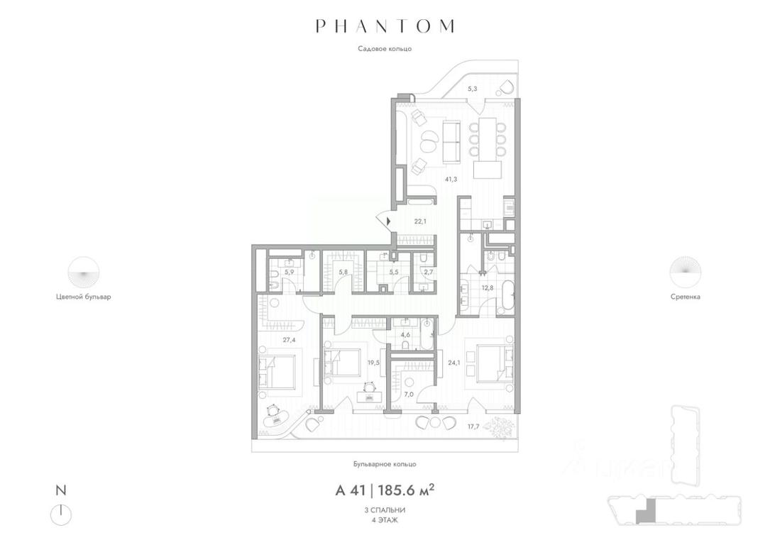 2-BD Apartment Sale, 185.6平方米 at Phantom (Fantom), Malaya Sukharevskaya Square, Moscow, Russia #1 2-BD Apartment Sale, 185.6平方米 at Phantom (Fantom), Malaya Sukharevskaya Square, Moscow, Russia #1
