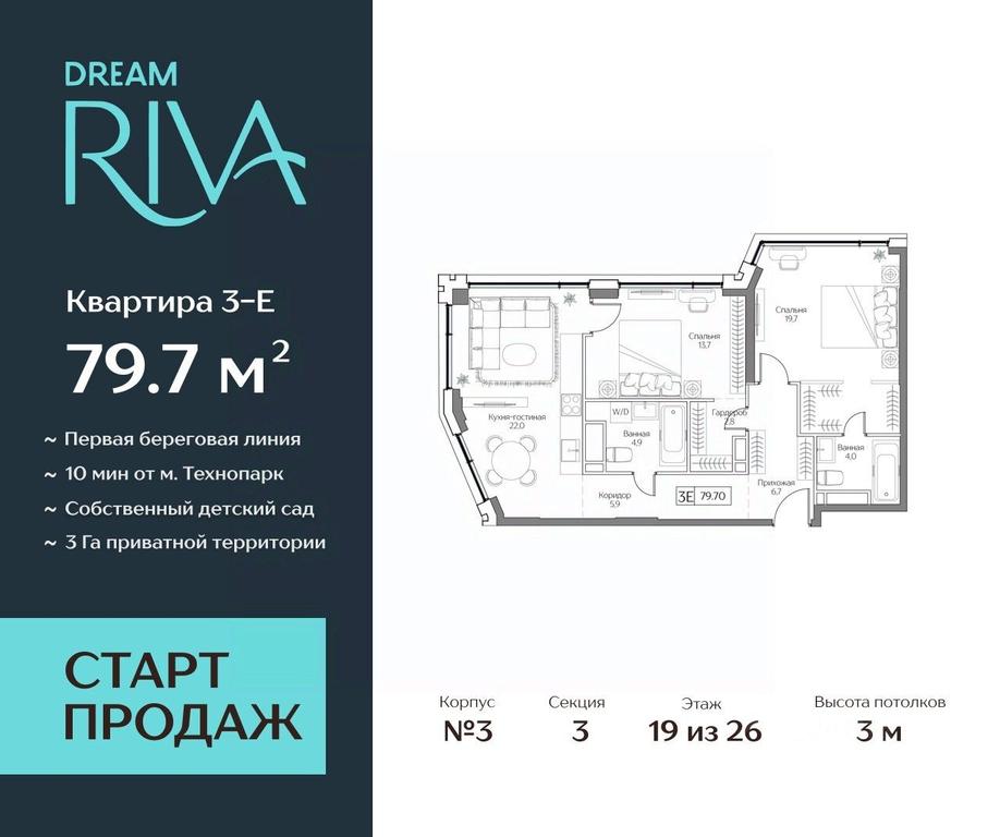 2-BD Apartment Sale, 79.7 sq. m. at Dream Riva (Drim Riva), Dream Riva Residential Complex, Moscow, Russia #1