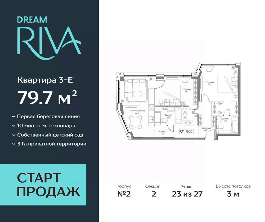 2-BD Apartment Sale, 79.7 sq. m. at Dream Riva (Drim Riva), Dream Riva Residential Complex, Moscow, Russia #1
