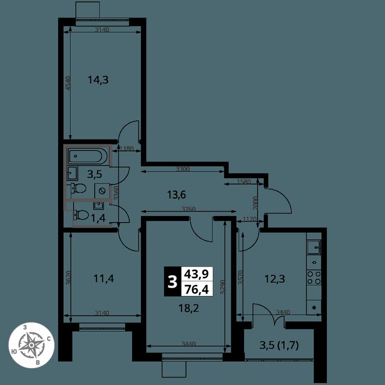 3-BD Apartment Sale, 76.4 sq. m. at Pervy Yuzhny, zhiloy kompleks Pervy Yuzhny, Leninskiy City District, Moscow Region, Russia #2