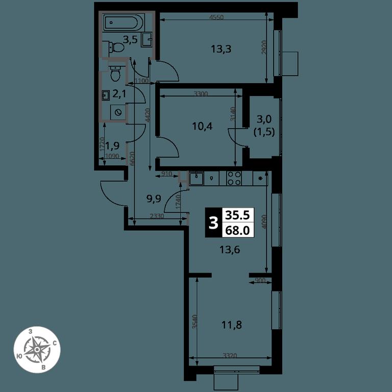 3-BD Apartment Sale, 68 sq. m. at Pervy Yuzhny, zhiloy kompleks Pervy Yuzhny, Leninskiy City District, Moscow Region, Russia #2