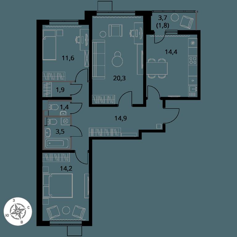 3-BD Apartment Sale, 84 sq. m. at Pervy Yuzhny, zhiloy kompleks Pervy Yuzhny, Leninskiy City District, Moscow Region, Russia #1