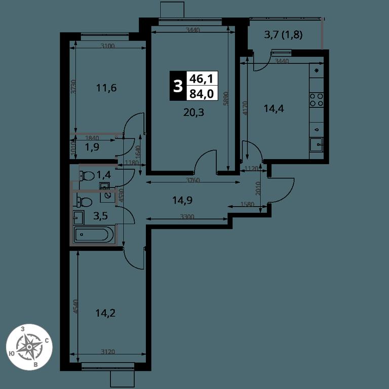 3-BD Apartment Sale, 84 sq. m. at Pervy Yuzhny, zhiloy kompleks Pervy Yuzhny, Leninskiy City District, Moscow Region, Russia #2