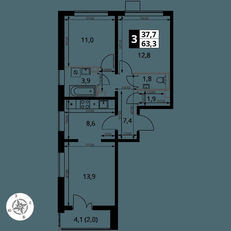 3-BD Apartment Sale, 63.3 sq. m. at Pervy Yuzhny, zhiloy kompleks Pervy Yuzhny, Leninskiy City District, Moscow Region, Russia #2