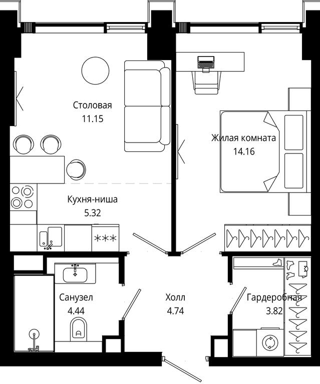 1-BD Apartment Sale, 43.63平方米 at Mod, 4th Maryinoy Roschi Street, 12с9, Moscow, Russia #1
