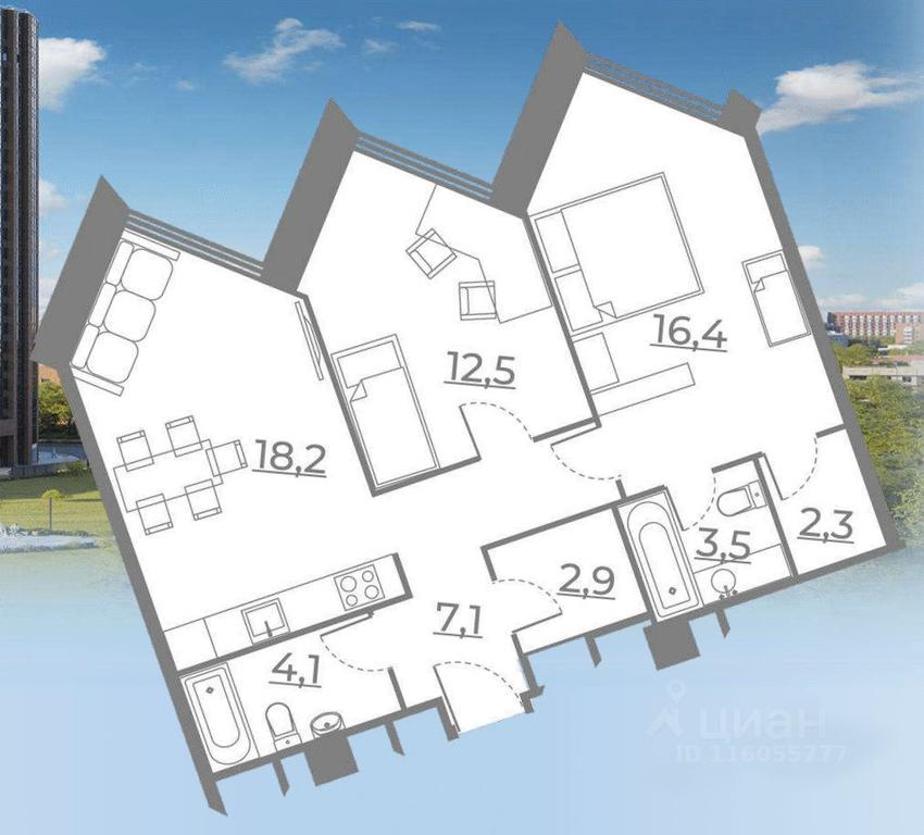 1-BD Apartment Sale, 66.9平方米 at Rezidentsiya Sokolniki, Sokolnichesky Val Street, 3, Moscow, Russia #1
