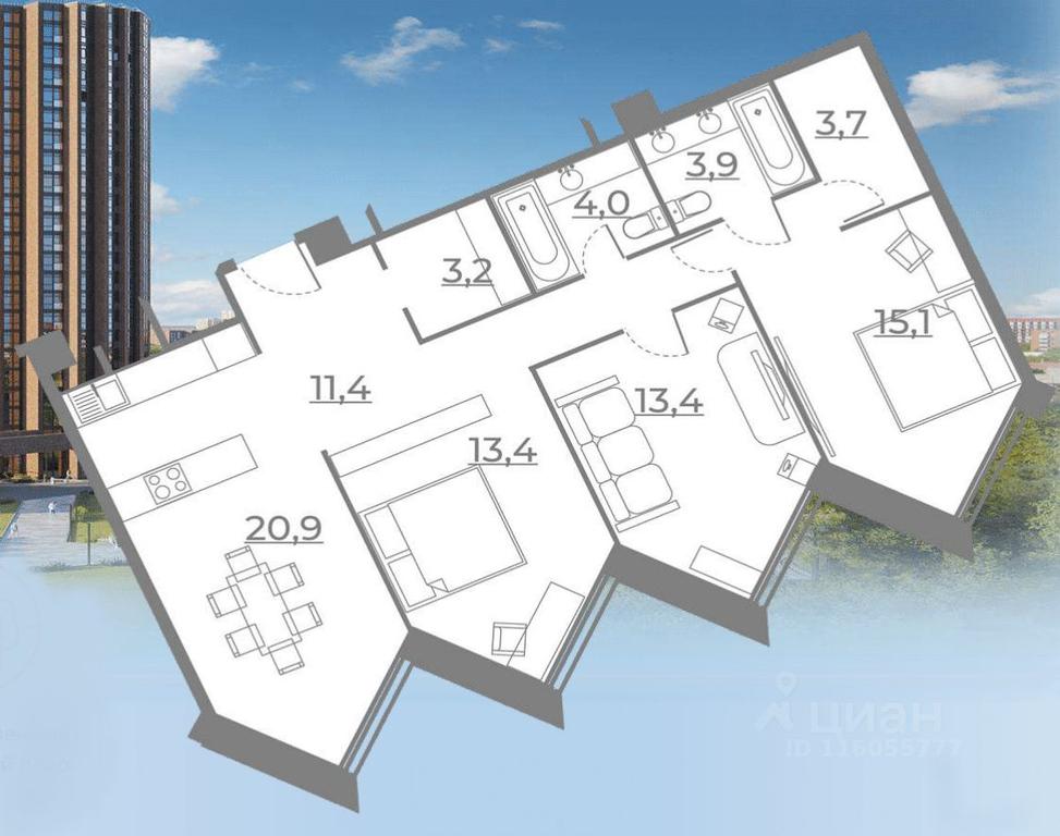2-BD Apartment Sale, 89.07平方米 at Rezidentsiya Sokolniki, Sokolnichesky Val Street, 3, Moscow, Russia #1