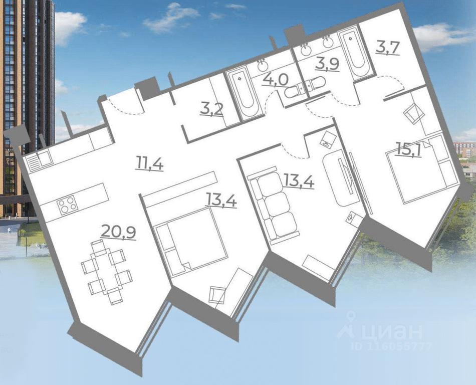 2-BD Apartment Sale, 89.07平方米 at Rezidentsiya Sokolniki, Sokolnichesky Val Street, 3, Moscow, Russia #1 2-BD Apartment Sale, 89.07平方米 at Rezidentsiya Sokolniki, Sokolnichesky Val Street, 3, Moscow, Russia #1