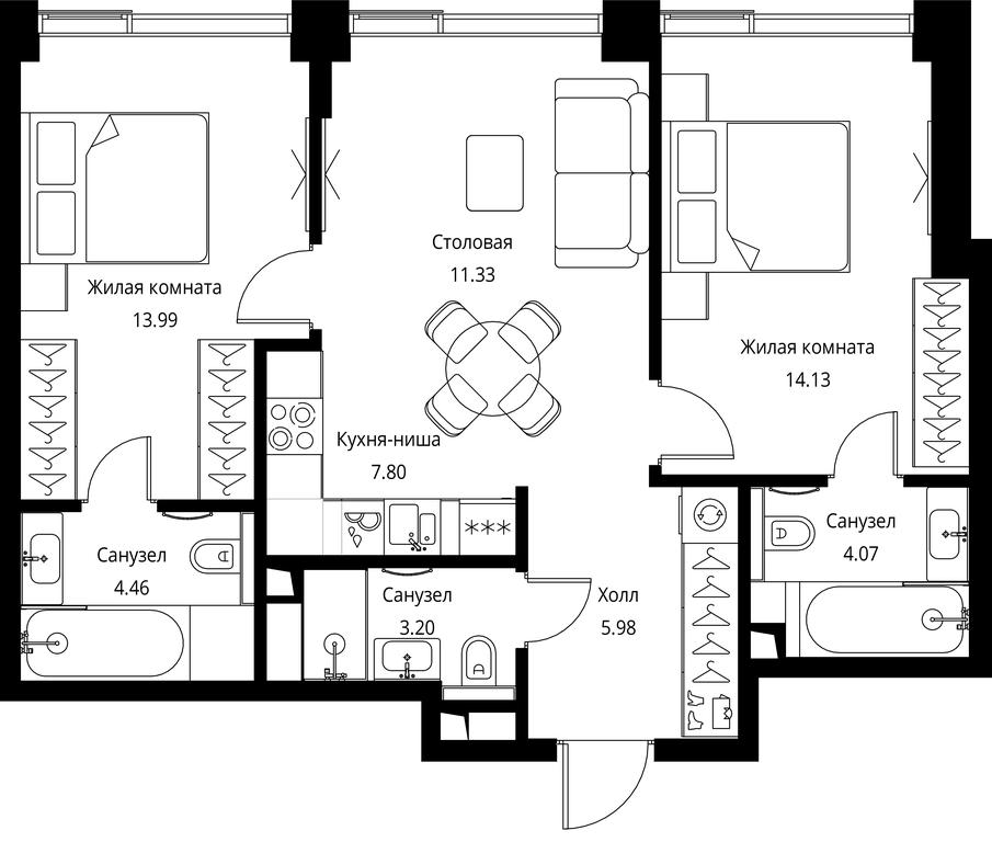 2-BD Apartment Sale, 64.96平方米 at City Bay, Volokolamskoye Highway, 95с3, Moscow, Russia #1