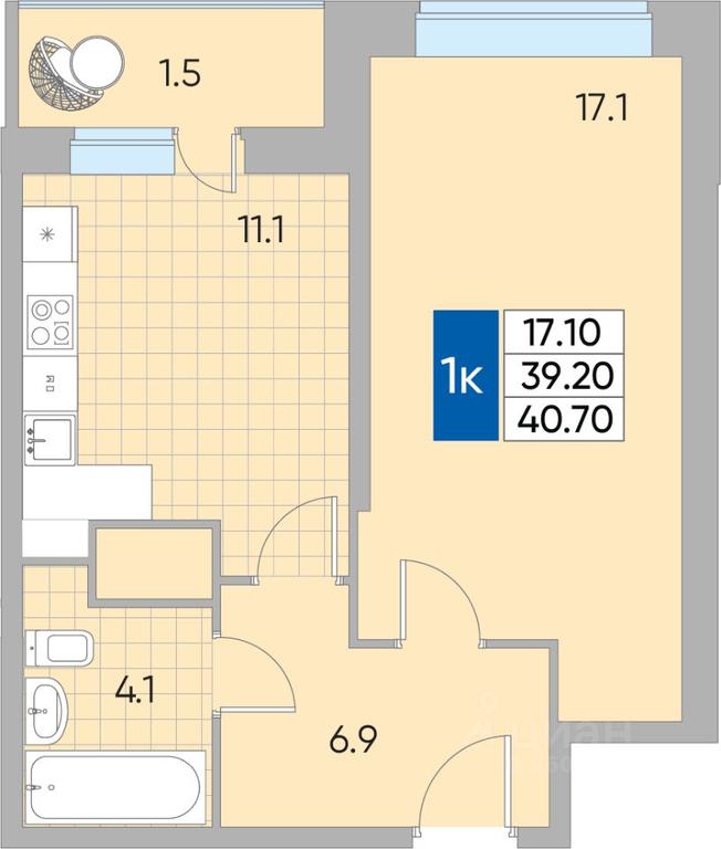 Apartment Sale, 40.7平方米 at Samotsvety mira, Mira Avenue, 22, Reutov, Moscow Region, Russia #1