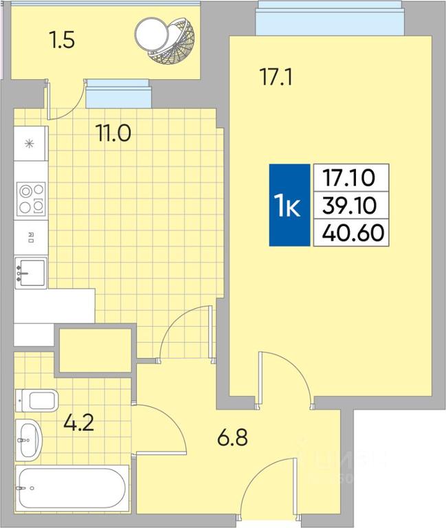 Apartment Sale, 40.6平方米 at Samotsvety mira, Mira Avenue, 22, Reutov, Moscow Region, Russia #1