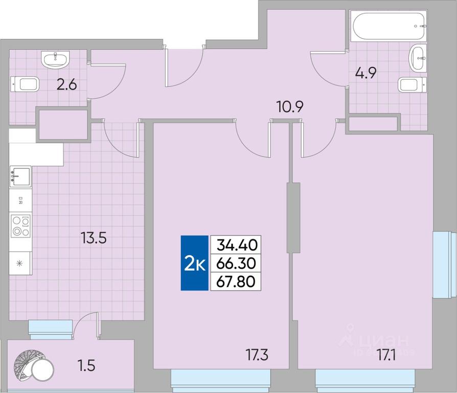 1-BD Apartment Sale, 67.8平方米 at Samotsvety mira, Mira Avenue, 22, Reutov, Moscow Region, Russia #1